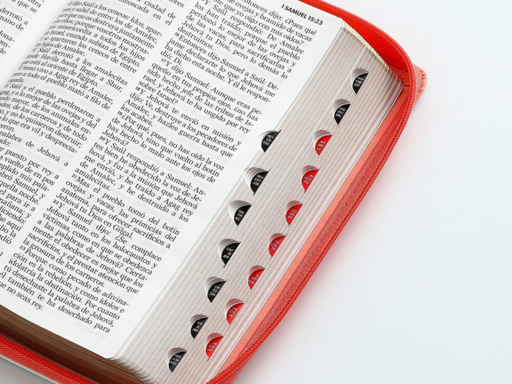 Biblia RV1960 Tamaño Manual letra grande /piel Coral/coral/Blanco cierre/índice - Image 4