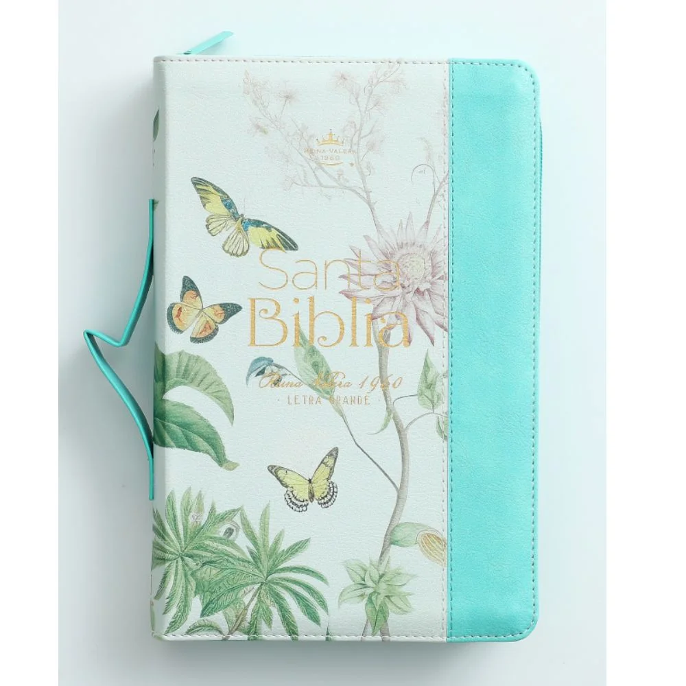 Biblia letra grande RV 1960, tapa floral con manija y cierre