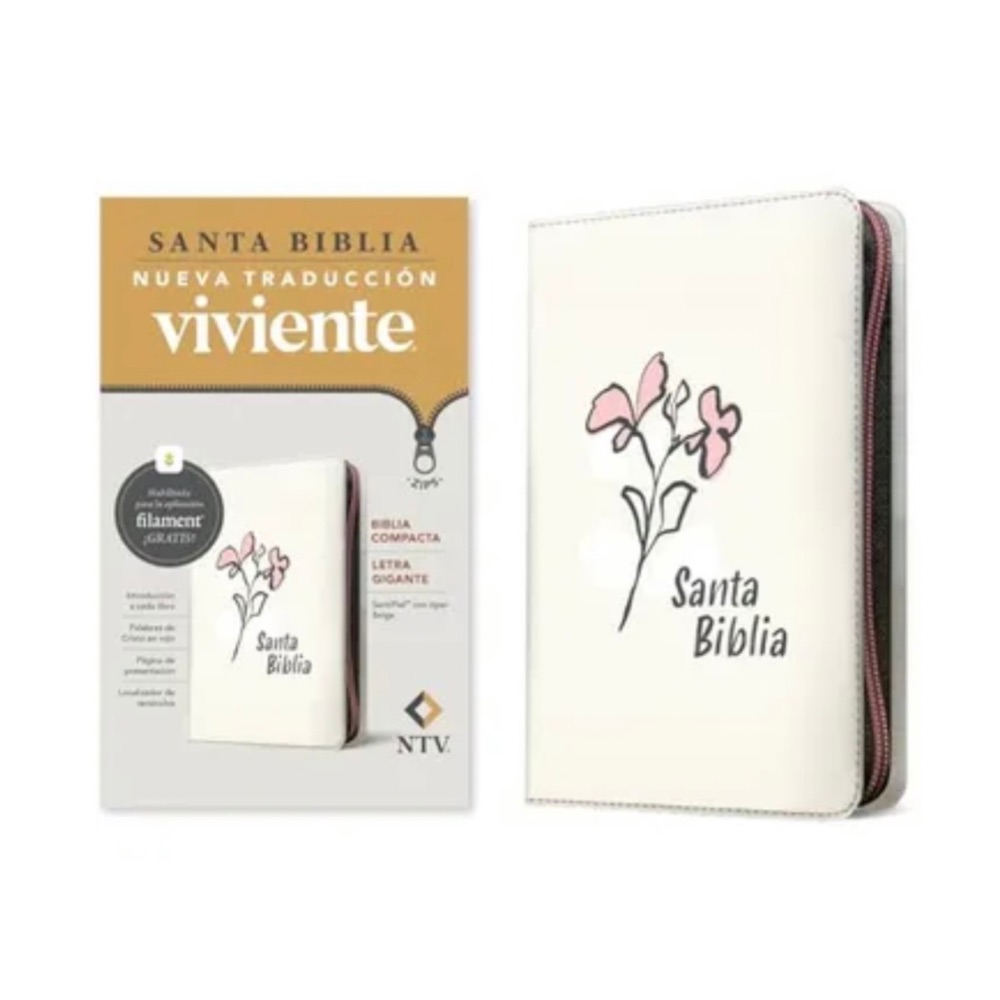 Biblia NTV blanca con flores, cierre, tamaño manual