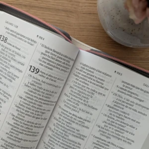 Biblia NTV blanca con flores, cierre, tamaño manual